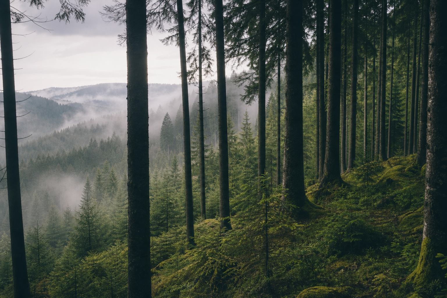 Nadelwald im Schwarzwald bei Morgennebel mit sanften Lichtstrahlen