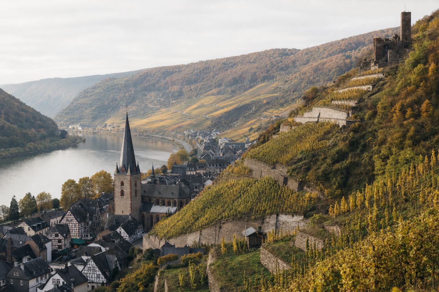 Steile Weinberge an der Mosel mit historischem Fachwerkhaus