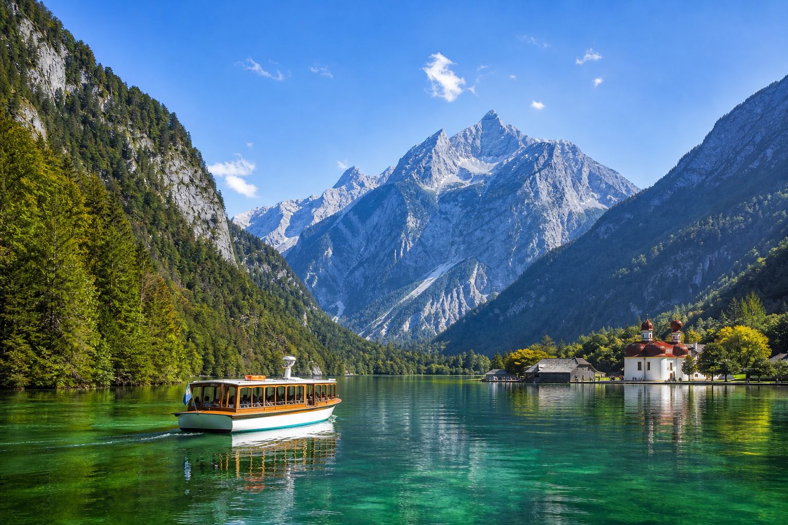 Berchtesgaden mit Königssee und steilen Bergwänden im goldenen Licht